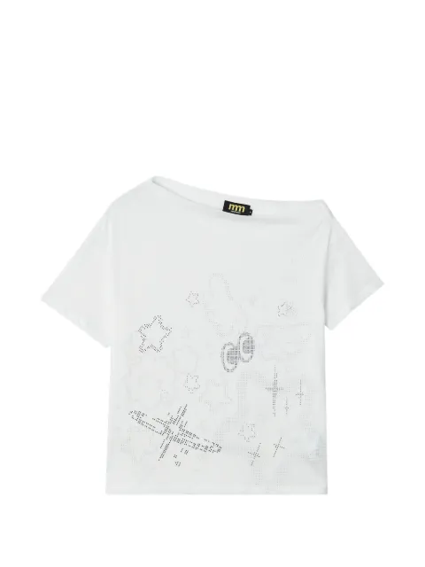 Mini Cream rhinestone-embellished asymmetric-collar cotton T-shirt White 6UM646A