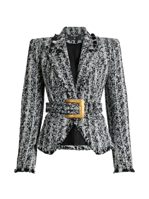 Balmain two-tone tweed belted jacket Black HF1SI636XM15