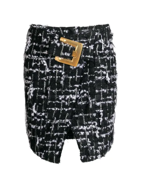 Balmain belted fringed tweed skirt Black HF1LBB62XM09