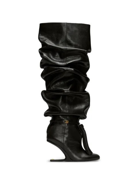 Balmain No Wedge textured leather thigh-high boots with tassel Black HN1TB288LSDX