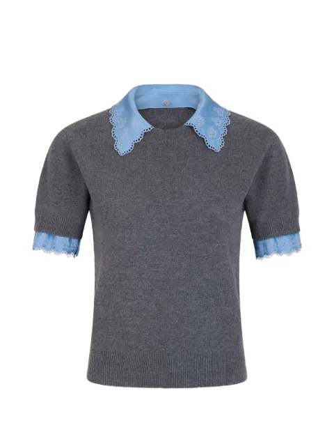 Rabanne embroidered-satin-trim short-sleeve sweater Grey 26AMPU103ML0622