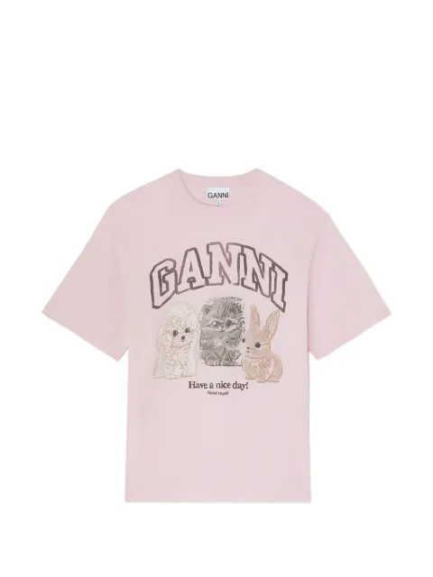 GANNI T-shirt with animals Pink A1050296