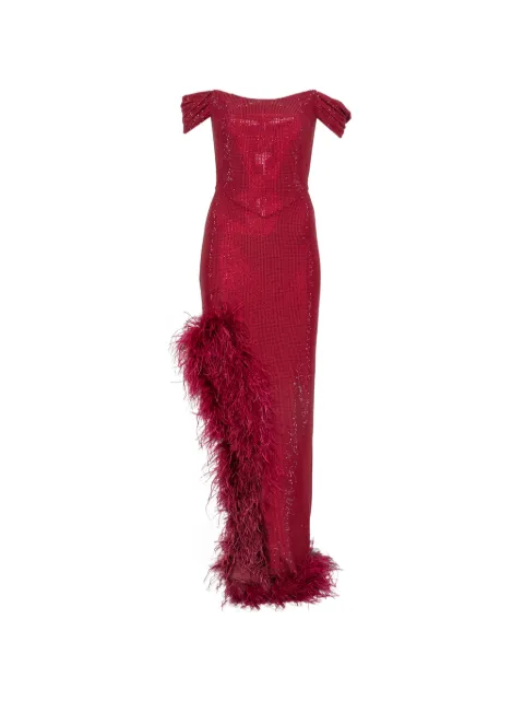 MIRON crystal-embellished feather-trim maxi dress Red MIRON016