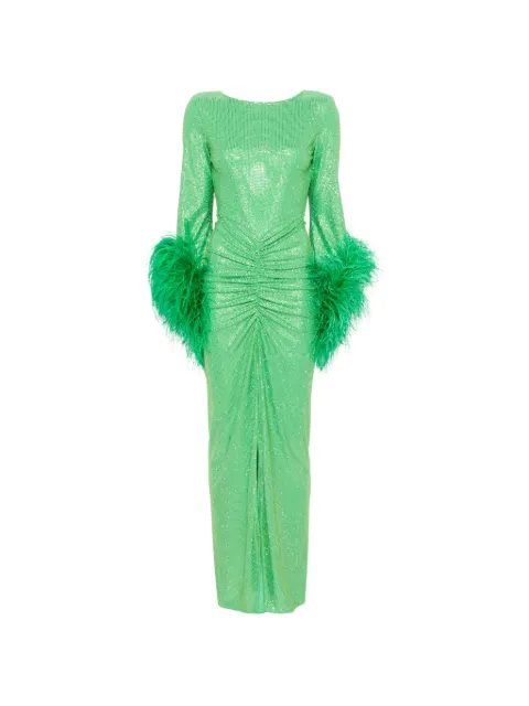MIRON crystal-embellished feather-trim maxi dress Green MRON041