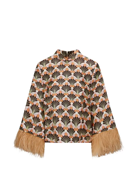 La DoubleJ Make An Exit feather-trim blouse Brown TOP0104SIL001FLF02