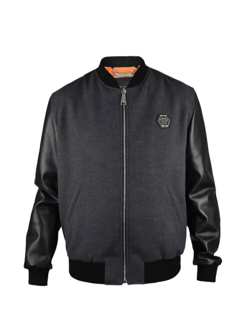 Philipp Plein leather-sleeved logo-print bomber jacket Grey BASEBALLPPJACKETGREY48