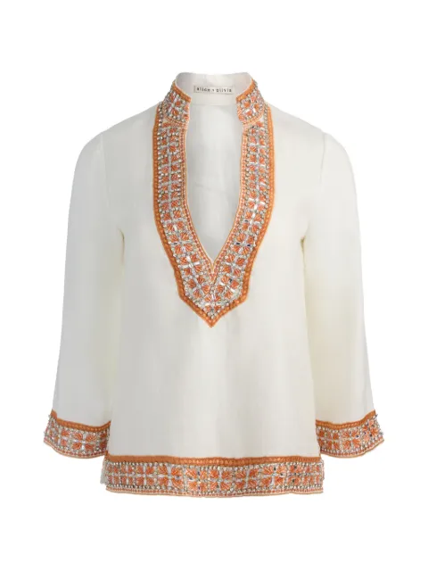 alice + olivia Eleonora embellished linen tunic top Neutrals CC605E10024