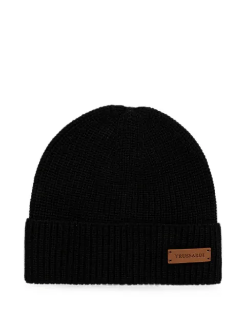 Trussardi logo-patch ribbed-knit beanie hat Black E603C000002N