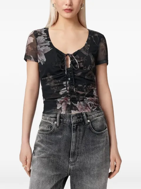 AllSaints floral-print slim fit ruched T-shirt Black W153JE