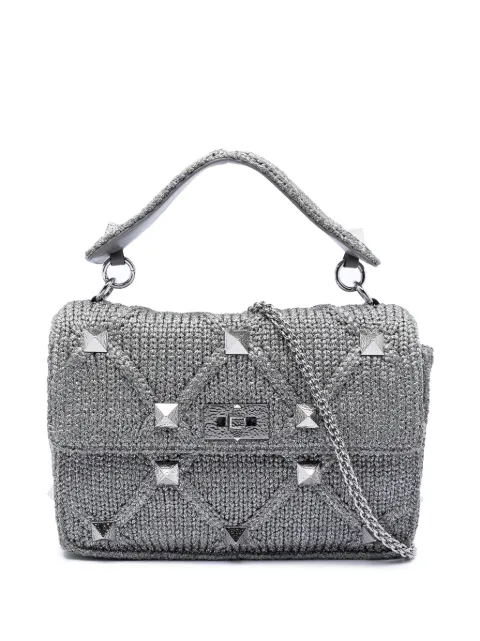 Valentino Garavani Pre-Owned 2018-2025 Large Metallic Knit Roman Stud satchel Silver 3DFI3G3N7CHMJTRN