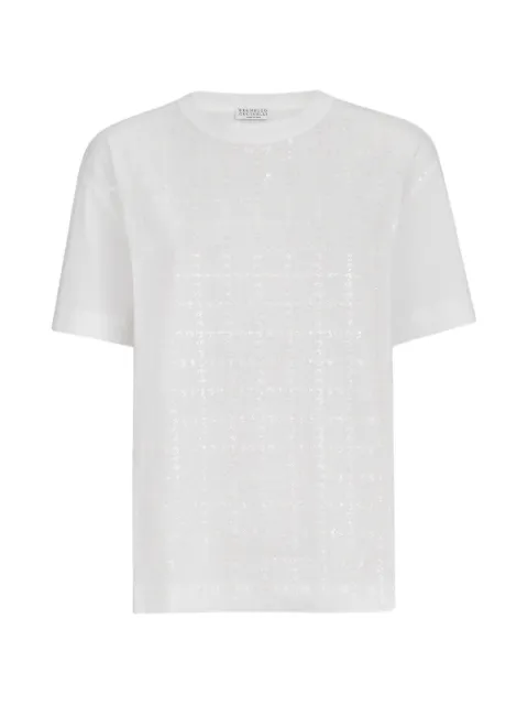 Brunello Cucinelli cotton jersey T-shirt with dazzling windowpane embroidery White M0T81B5D00C6159