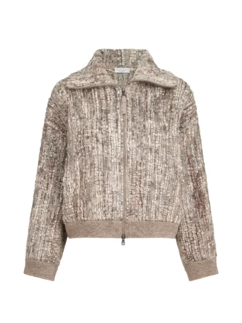 Brunello Cucinelli dazzling tree bark embroidery cardigan in mohair and wool Neutrals MNLR08306PCZH24