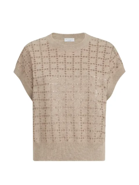 Brunello Cucinelli cashmere-knit T-shirt with dazzling windowpane embroidery Neutrals M12246010C077
