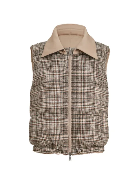 Brunello Cucinelli twill and Prince-of-Wales reversible down vest with detachable-leather-collar and monili Neutrals ML5977142C631