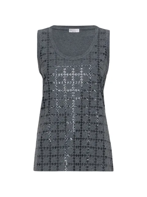 Brunello Cucinelli cotton jersey top with dazzling windowpane embroidery Grey M0T81B5D20C080