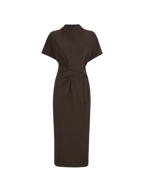 Brunello Cucinelli techno wool jersey wrap belt dress with Monili Brown MG929AFB91C9792