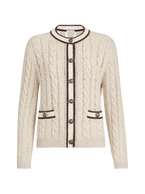 Brunello Cucinelli soft virgin wool and cashmere diamond yarn cable-knit cardigan Neutrals MGT352206CKS42