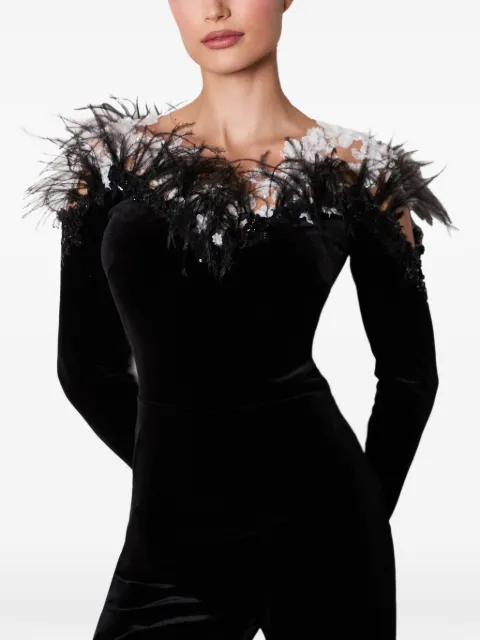IMROSKA feather-trim velvet jumpsuit Black 26JUMPSUIT