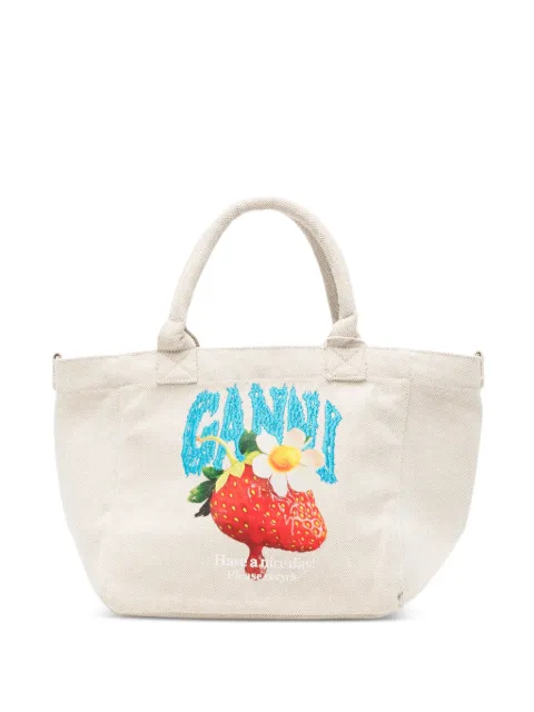 GANNI strawberry-print logo-embroidered tote bag Neutrals C2080014