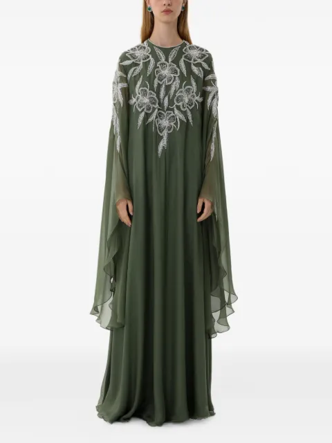 Dina Melwani floral crystal-embellished cape-sleeve maxi dress Green DMSS26170194