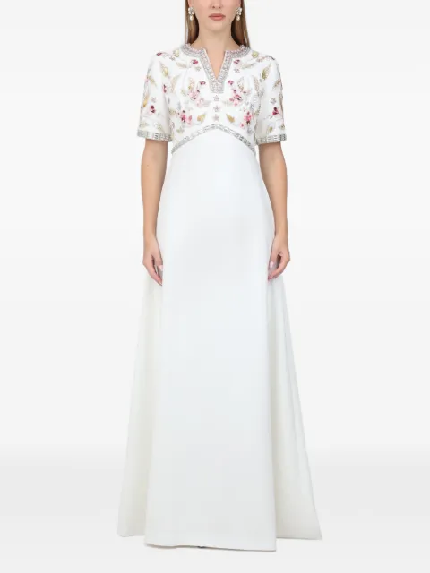 Dina Melwani floral-embroidered crystal-embellished maxi gown White DMSS26170208