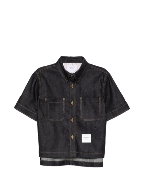 Thom Browne logo-patched short-sleeved shirt Blue FLL220AF1249