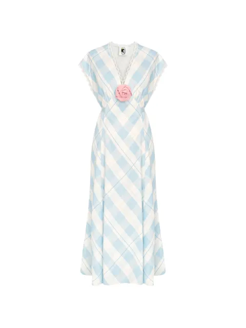 Sleeper Genus plaid-pattern floral-appliqué midi dress Blue GRDR02G105R