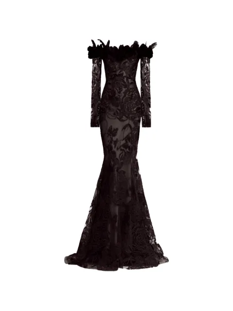 Gemy Maalouf floral-lace feathered dress Black GMW257371LD