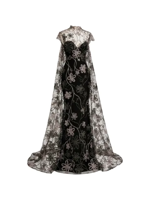 Gemy Maalouf cape-back floral-embroidered dress Black GMW257368LD