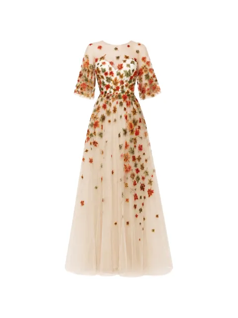 Gemy Maalouf leaf-embroidered open-back dress Neutrals GMW196009