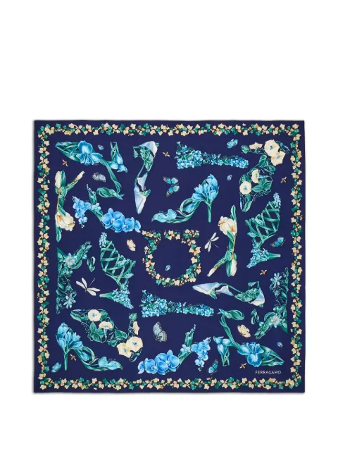 Ferragamo Eden shoes-print silk scarf Blue 795200