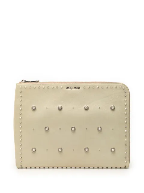 Miu Miu Pre-Owned 2010-2026 Faux Pearl Studded Leather clutch bag White EGGUXXJQEXNBTUE4