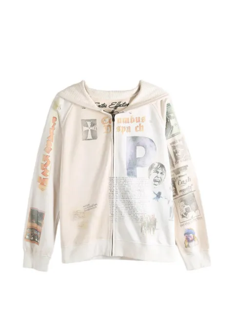 SAITOS Long Live Rock graphic-print distressed cotton hoodie Neutrals SASHDROCK4