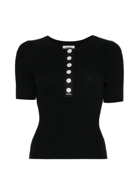 SANDRO ribbed-knit button-placket top Black SFPPU02876