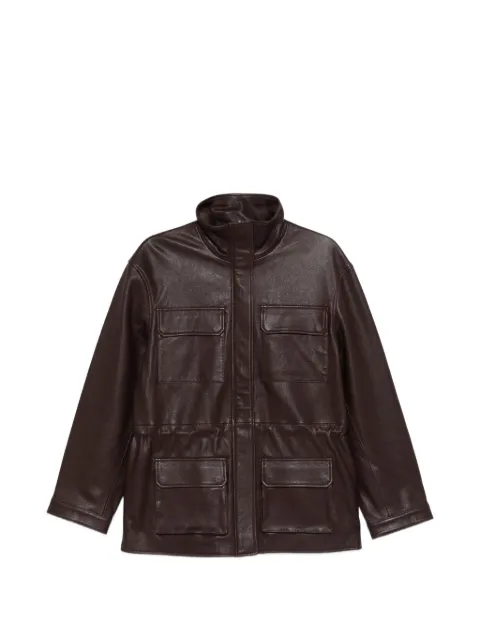 SANDRO oversized stand-up collar leather jacket Brown SFPBL01383