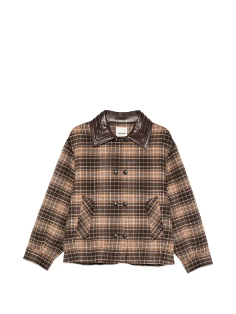 SANDRO checked leather-collar jacket Brown SFPOU00728