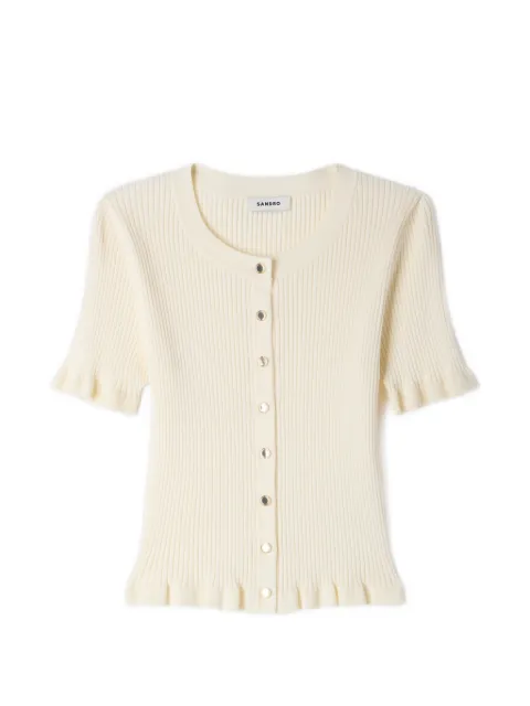 SANDRO ruffle-trim ribbed-knit cardigan Neutrals SFPCA01461