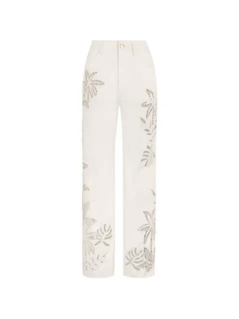 Oscar de la Renta palm leaves cutout denim pant White 26PE3182SIMWHT