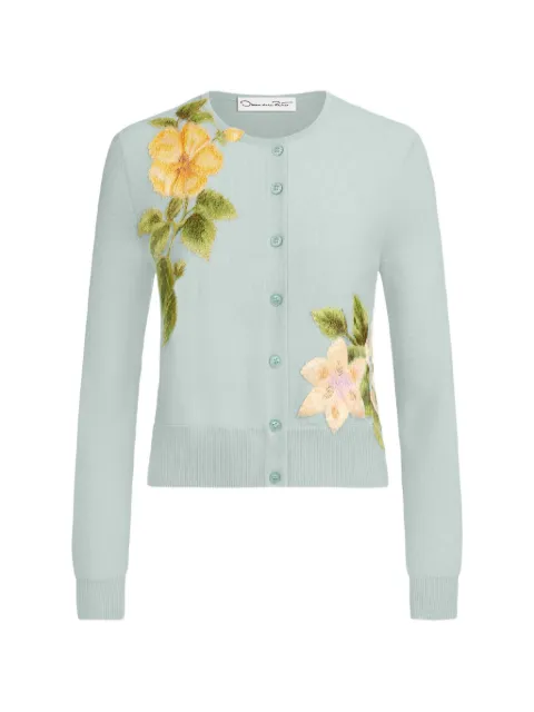 Oscar de la Renta chiné Dominican mixed-floral threadwork cardigan Blue 26PE1455BMESLW