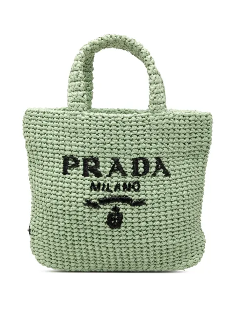 Prada Pre-Owned 2013-2025 Small Raffia Effect Crochet Embroidered Logo tote bag Green 17NWBLHD77Q7O3J5
