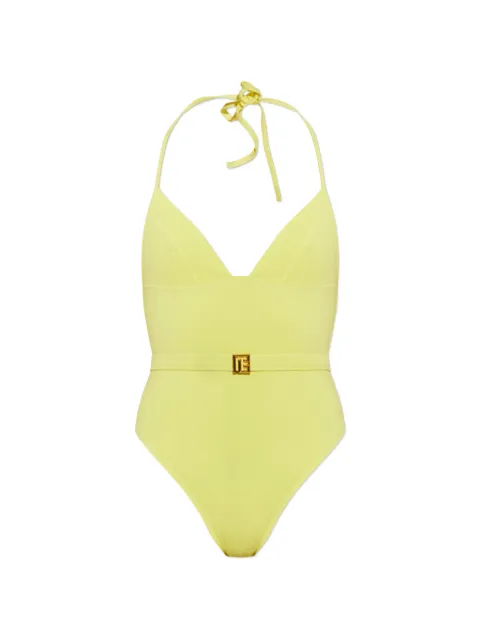 Balmain belted logo-plaque swimsuit Yellow BKBL32550700