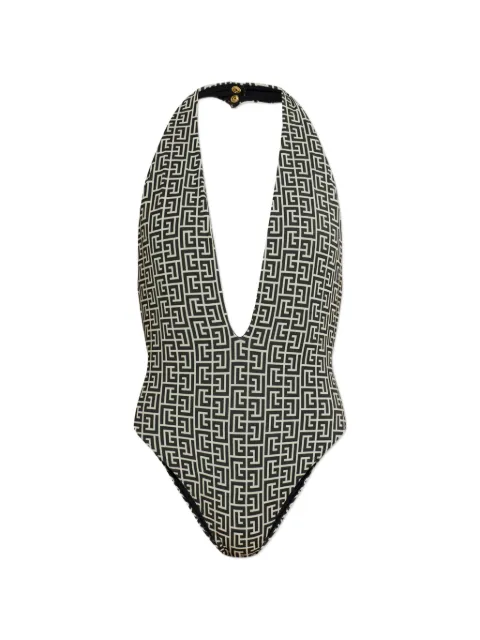 Balmain monogram-pattern halterneck swimsuit Black BKBKD2200104