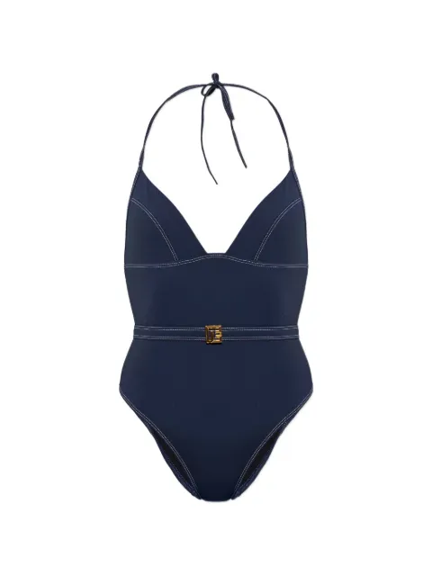 Balmain belted contrast-stitch swimsuit Blue BKBL32550412