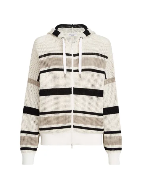 Brunello Cucinelli striped cotton net hooded cardigan with zipper White M19260406PCND36