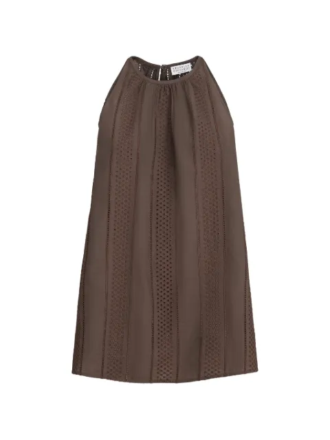 Brunello Cucinelli techno cotton poplin broderie anglaise top with monili Brown MP79MHF300C8705