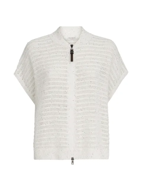 Brunello Cucinelli linen diamond yarn cardigan with openwork stripes and shiny zipper pull White MCO560906PC159