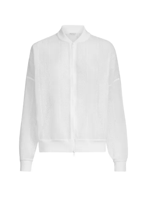 Brunello Cucinelli cotton organza broderie anglaise bomber jacket with zip and monili White MP91HHF316C100