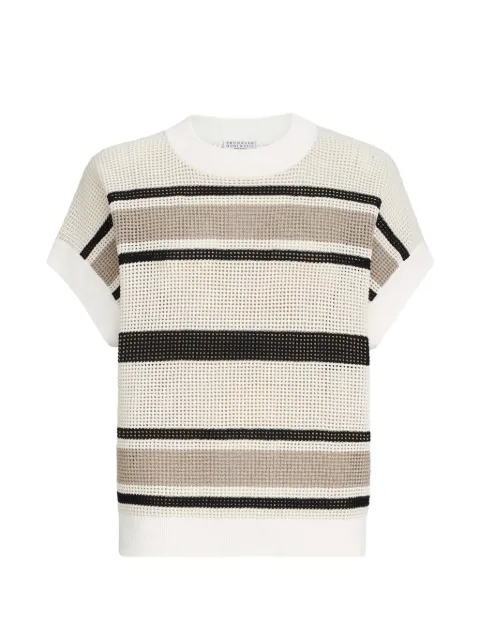 Brunello Cucinelli striped cotton net knit T-shirt Neutrals M19260400PCND36