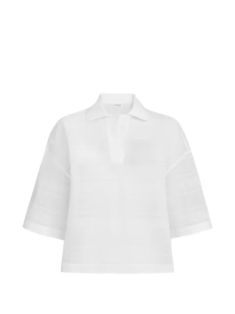 Brunello Cucinelli cotton organza broderie anglaise cropped polo White MP91HHF305C100