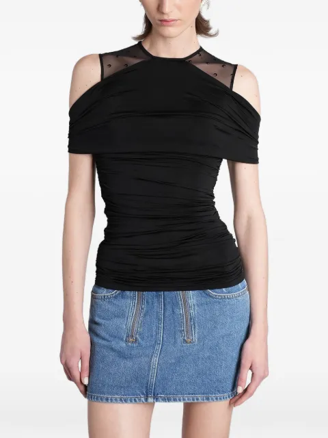Marine Serre ruched cold-shoulder top Black WTO468ACJER0022BK99